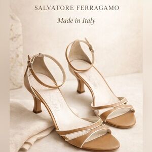 Salvatore Ferragamo Ankle Strap Heels 5.5 Tan & Cream Made in Italy